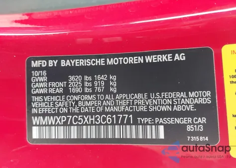 2017 Mini Hardtop Cooper S z USA, uszkodzony, nr VIN WMWXP7C5XH3C61771